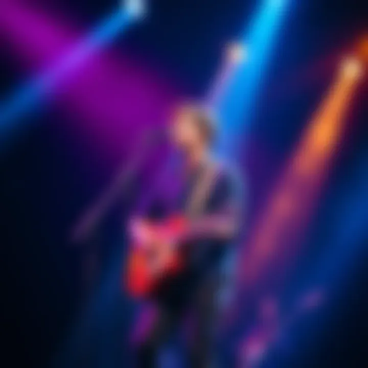 Alex Turner stands at a microphone on stage with a guitar, surrounded by colorful lights during a concert.