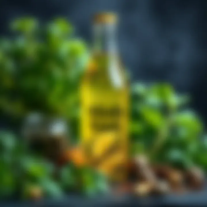 A bottle of Alfalfa Tonic surrounded by fresh alfalfa leaves and herbs