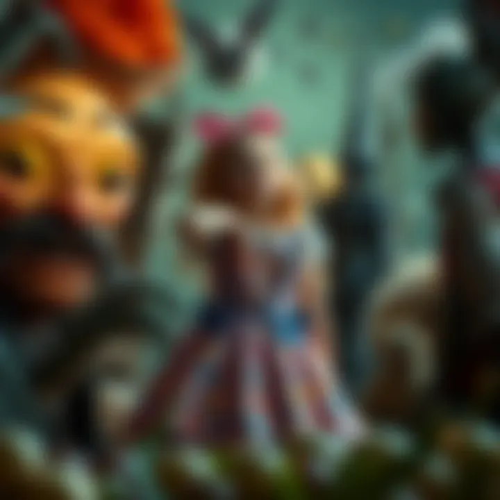 A surreal scene showing a young girl in a colorful dress surrounded by strange characters, symbolizing manipulation and confusion, with dark undertones.