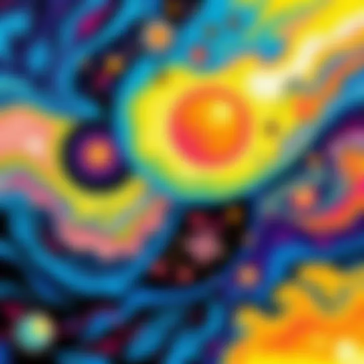 Alien-Inspired Art Piece A vibrant ink and acrylic painting featuring cosmic elements and alien themes, showcasing swirling colors and abstract shapes.