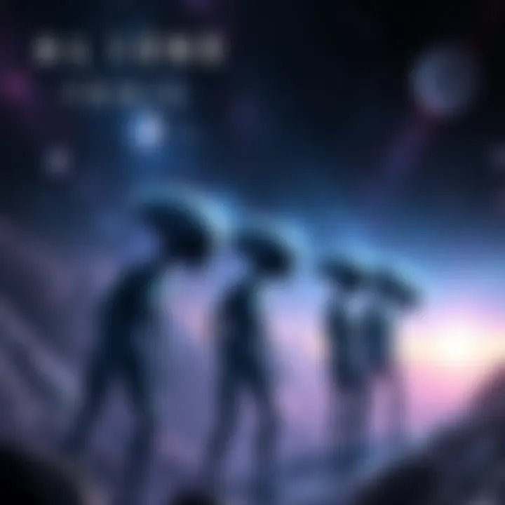 A group of advanced alien beings amidst a starry sky, symbolizing the theory of gods as alien intelligence.