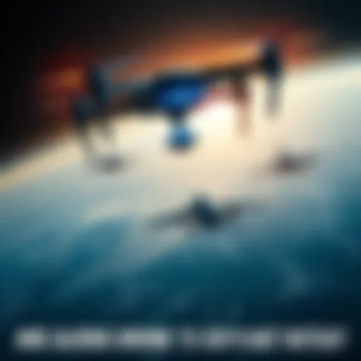 A futuristic drone flying over a landscape of Earth, symbolizing alien technology gathering data.