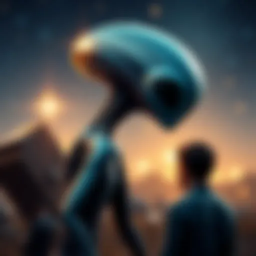 An alien stands in front of a surprised person, with stars shining in the background