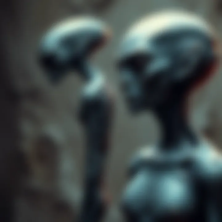 A depiction of a Gray alien figure standing beside a human, showing a lack of emotional connection between them.