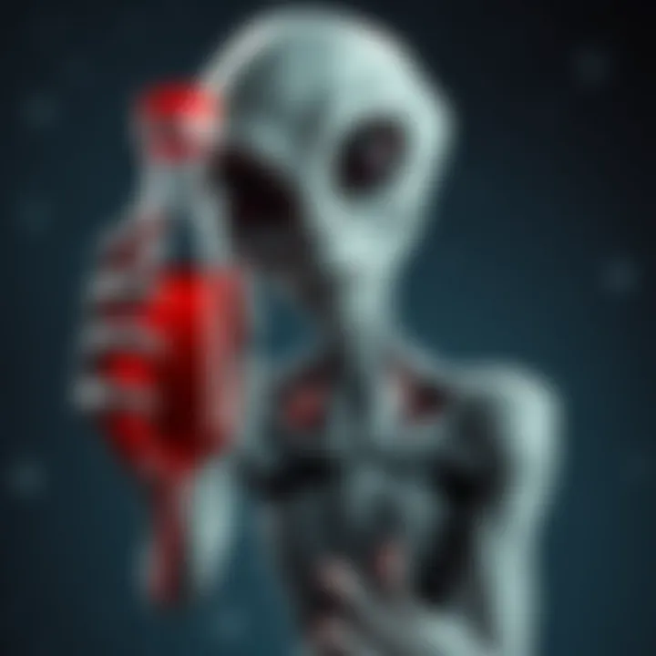 A depiction of an alien Grey figure holding a vial of blood, with a curious expression, set against a starry background.