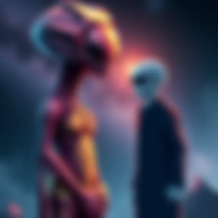 Alien-Human Hybrid Concept A vivid illustration of an alien and a human standing side by side, symbolizing the concept of alien-human hybrids, with a starry background indicating a connection to space.