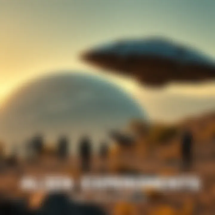 Alien Observation of Human Evolution An alien spacecraft hovering over Earth, observing people and animals in a natural setting, highlighting the concept of extraterrestrial experiments on life.