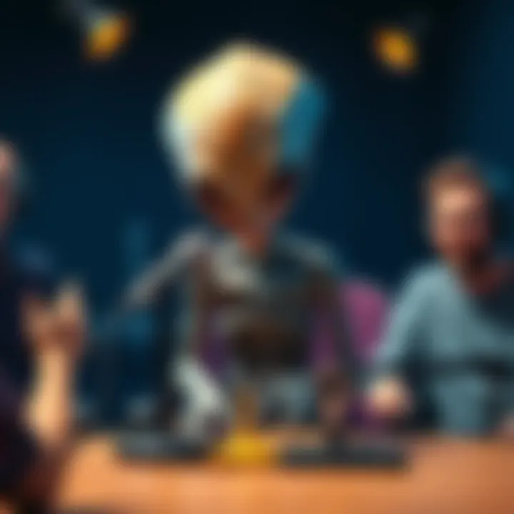 Alien at a podcast microphone An alien creature sitting at a microphone in a podcast studio, surrounded by human hosts