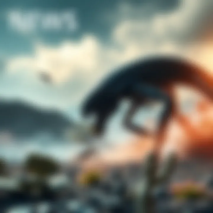 An alien landscape showing a predator chasing its prey in a strange ecosystem, with unusual plants in the background