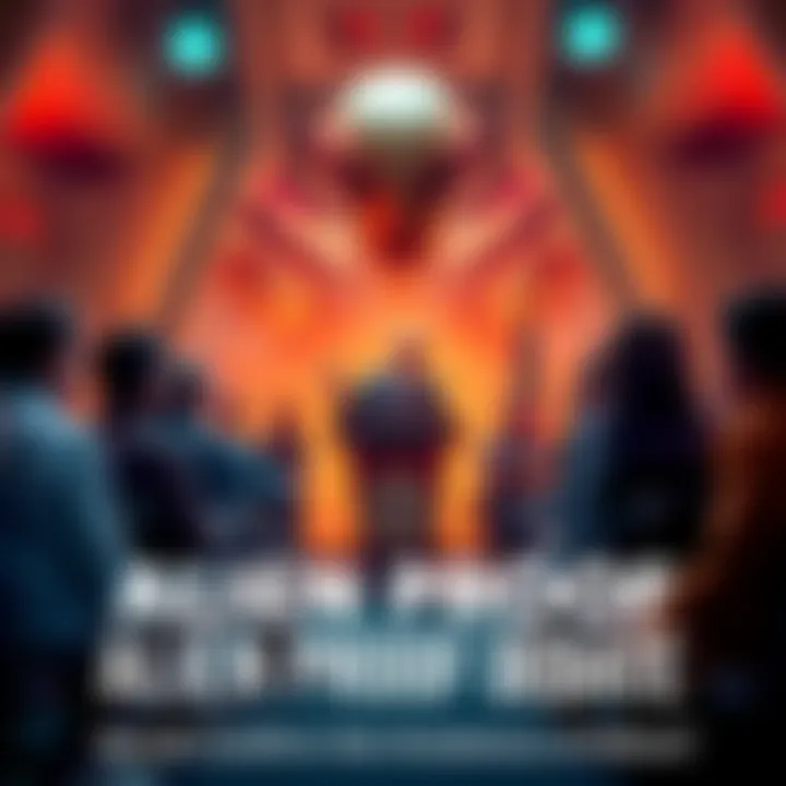 A group of people discussing the proof of alien existence with a mix of skepticism and belief, featuring a visual display of alleged alien technology and a presidential podium in the background.