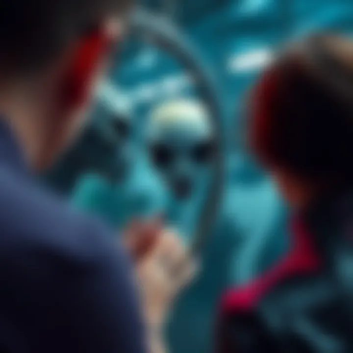 A person gazes into a mirror seeing an alien face staring back, creating a surreal moment.