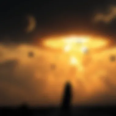 Alien Vision of Nuclear Conflict A depiction of a dark sky filled with ominous orbs during a future nuclear conflict between Israel and Iran, featuring a shadowy figure representing 'the Lady'.