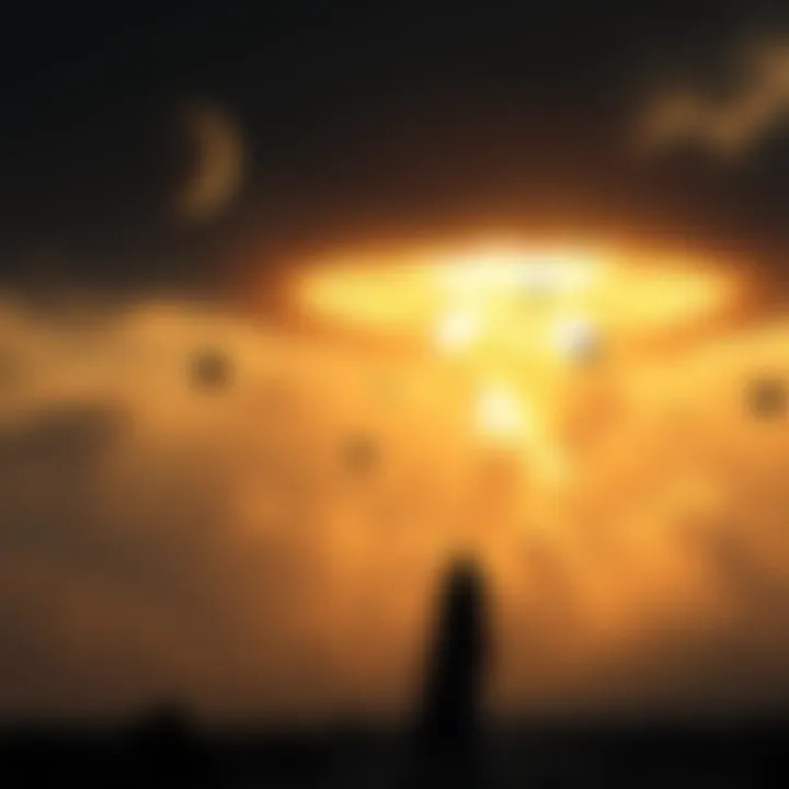 Alien Vision of Nuclear Conflict A depiction of a dark sky filled with ominous orbs during a future nuclear conflict between Israel and Iran, featuring a shadowy figure representing 'the Lady'.