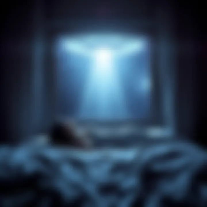 A person lying on a bed, looking up at a bright light from a UFO outside a window, symbolizing the desire for alien abduction experiences.