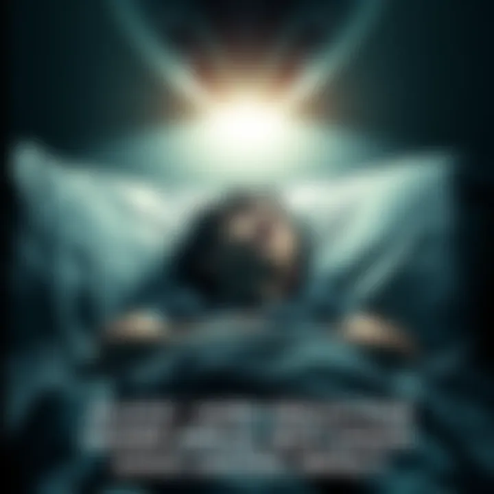 A person lying in bed with a terrified expression, surrounded by dark shadows and a bright light above, suggesting an alien presence.