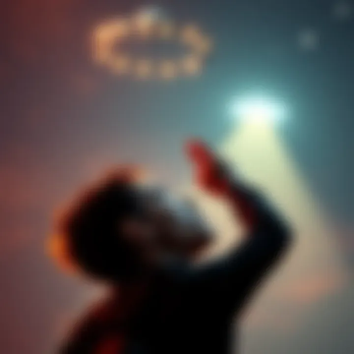 A person looking up at a UFO in the night sky, expressing shock and disbelief.