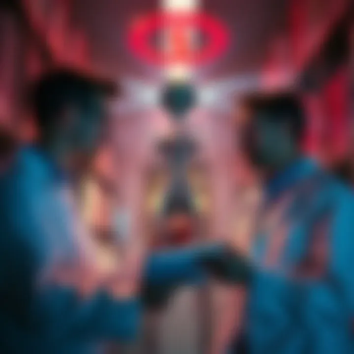 Three researchers discussing alien abduction theories in a library setting