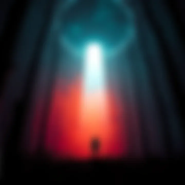 A dark, eerie forest with a bright light overhead as a figure stands in fear looking up, evoking horror elements of alien abduction.