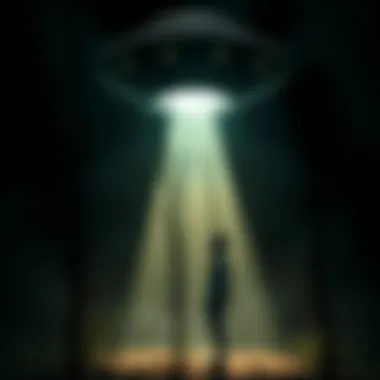 An alien spacecraft hovering above a dark forest, with beams of light shining down to a human figure standing in the spotlight, looking up in awe.