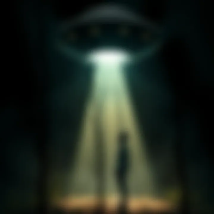 Alien Abduction Scene An alien spacecraft hovering above a dark forest, with beams of light shining down to a human figure standing in the spotlight, looking up in awe.