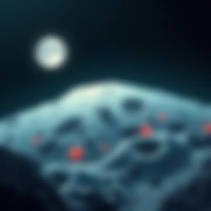 An illustration showing a lunar landscape with unusual lights and shapes hinting at alien presence, amidst a dark starry sky.