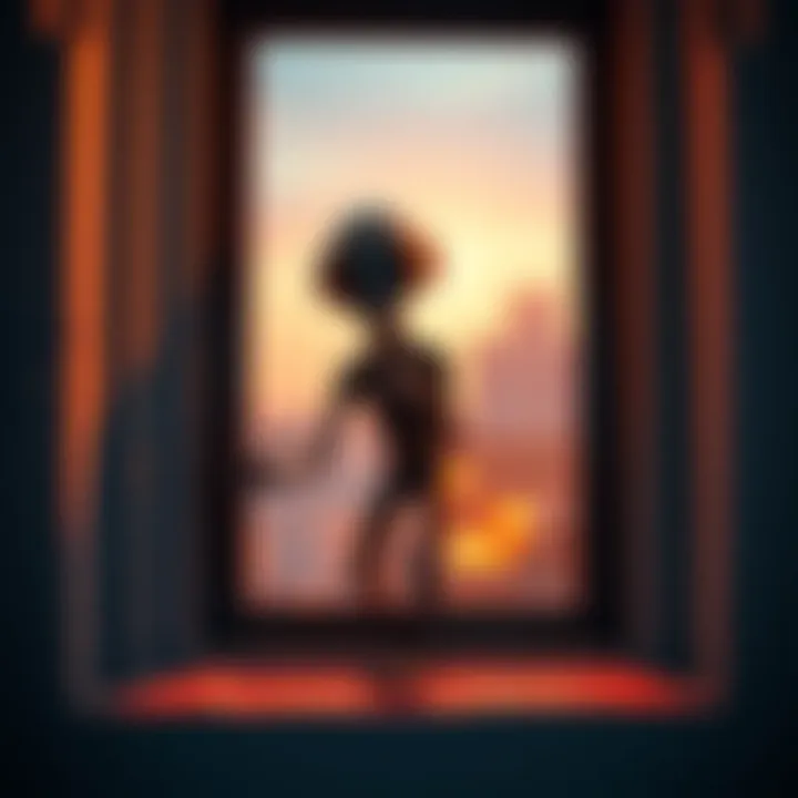 An alien figure is seen peering through a window, capturing the attention of onlookers outside.