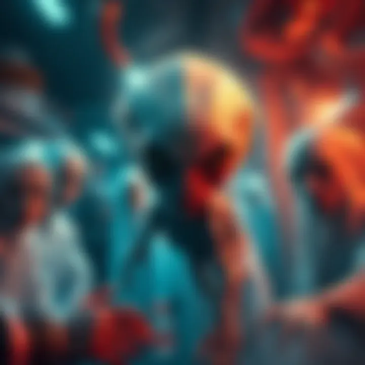 A super-intelligent alien baby amidst a chaotic lab scene with scientists looking shocked, ghostly figures surrounding them, capturing the horror and urgency of the dream.