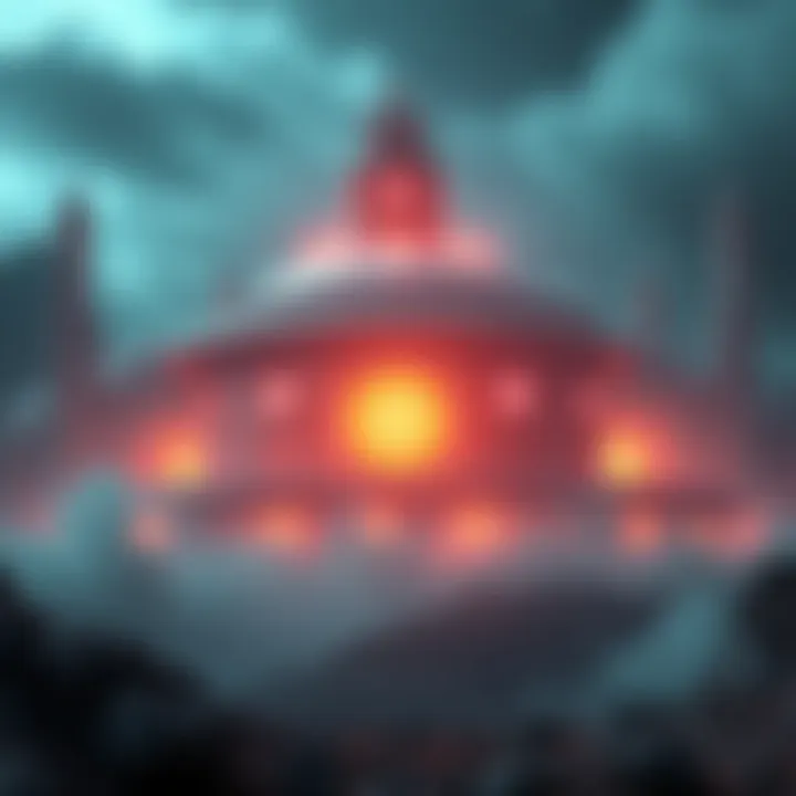 Alien Base Discovery A detailed view of a mysterious structure resembling an alien base with unusual lights and shapes