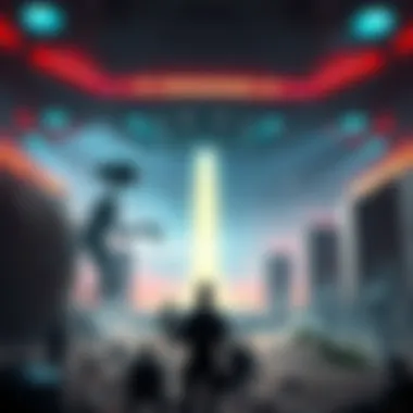 A representation of an alien base situated between Guadalupe Island and Baja California, featuring tall Greys and Mantis aliens interacting with military personnel.