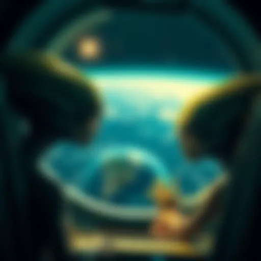 Two alien figures looking down at Earth from a spaceship window, curious expressions on their faces.