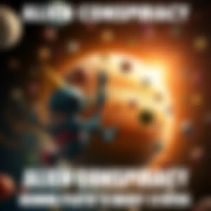 An alien unintentionally crashing a party on Pluto, causing chaos and confusion around the dwarf planet, with colorful decorations floating in space.