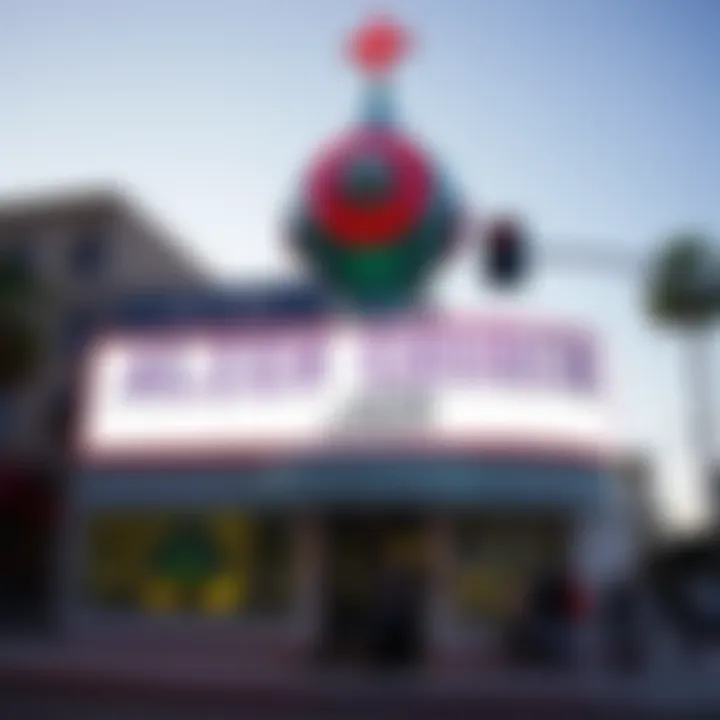 Exterior of the Alien Church in Downtown LA A view of the Alien Church building with its unique signage and people gathered outside, showcasing its unusual architectural style