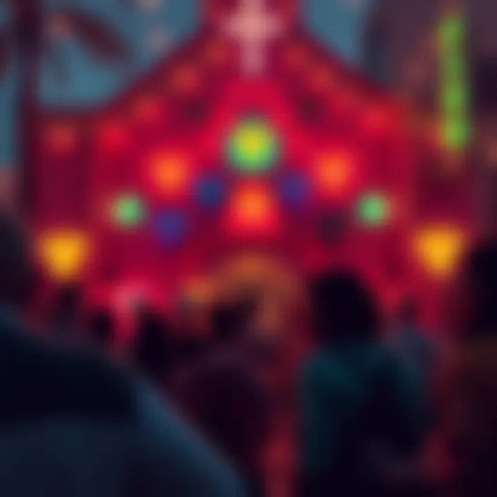 A diverse group of people gathered outside a church decorated with alien symbols, engaging in discussion.