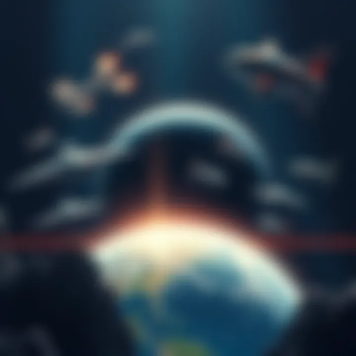 Illustration of various alien spacecraft observing Earth from a distance, showcasing different designs and colors against a starry background.