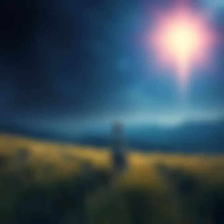 An illustration of a person standing in a field, gazing up at a bright UFO in the night sky, symbolizing potential alien contact.
