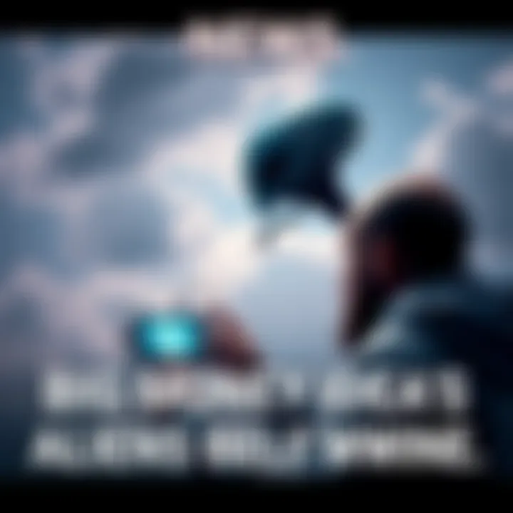 A person holding a futuristic device, communicating with an alien figure in the sky, symbolizing the idea of aliens among us and profit opportunities.