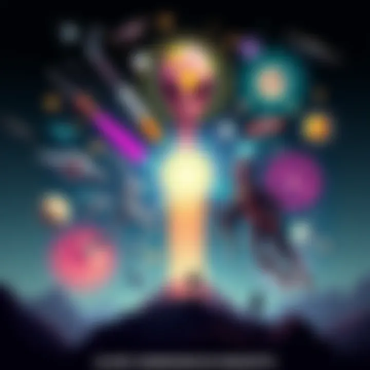 Illustration of diverse ideas for how aliens might communicate with humans, featuring dream symbols and advanced technology elements.