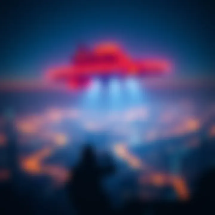 A spaceship hovering above a city with glowing lights, suggesting an attempt to communicate with people below.