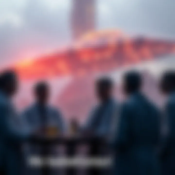 A group of scientists and experts discussing the imminent return of the Anunnaki, with a glowing alien ship in the background.