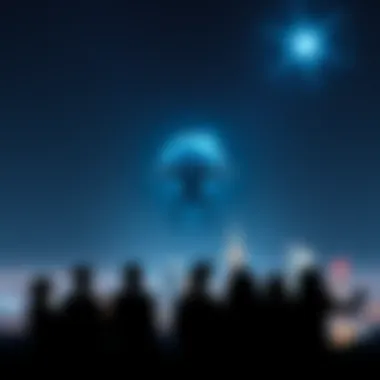 A film scene depicting an alien spacecraft hovering over a city skyline under a starry night sky, symbolizing potential extraterrestrial contact, with silhouettes of people gazing up in awe.