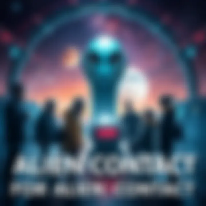 Alien Contact Motivation A group of people discussing the implications of contact with alien life, surrounded by futuristic technology and starry sky.
