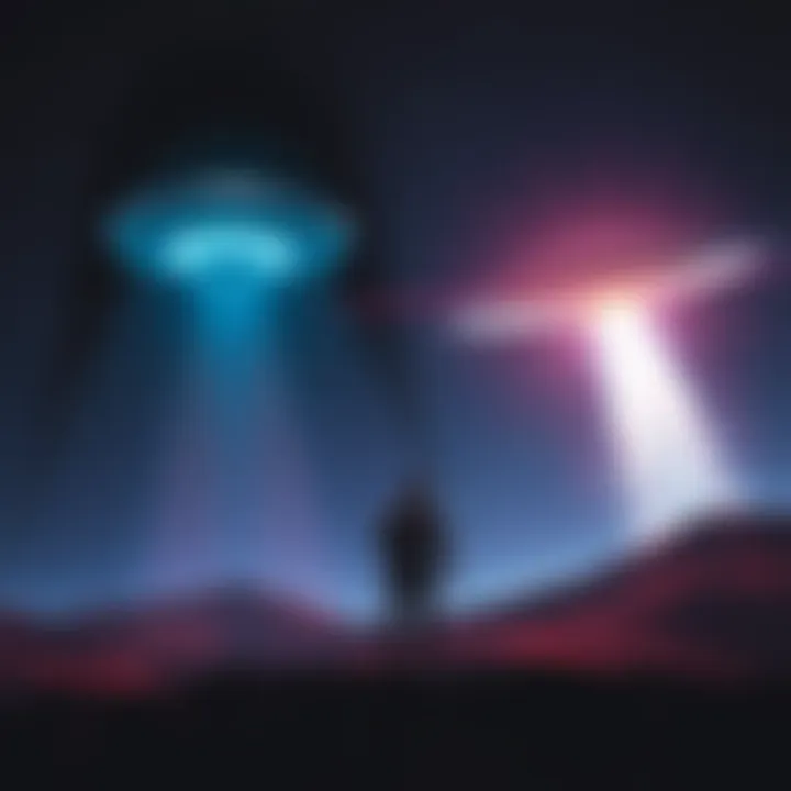 A dramatic scene depicting a human encountering an alien spacecraft with bright lights in the night sky, symbolizing first contact with extraterrestrial beings.