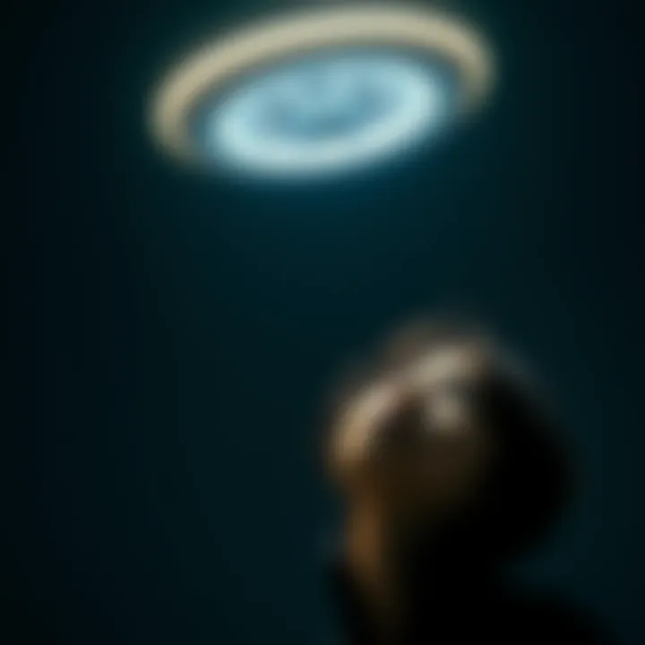 A person looking up at a bright alien spaceship hovering above them, surrounded by a dark night sky. The individual's expression shows curiosity and concern, reflecting questions about consent and impact.