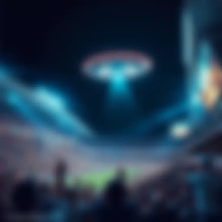 A futuristic sports stadium filled with cheering fans as a glowing UFO hovers above, symbolizing the predicted alien contact during a major event in 2025.