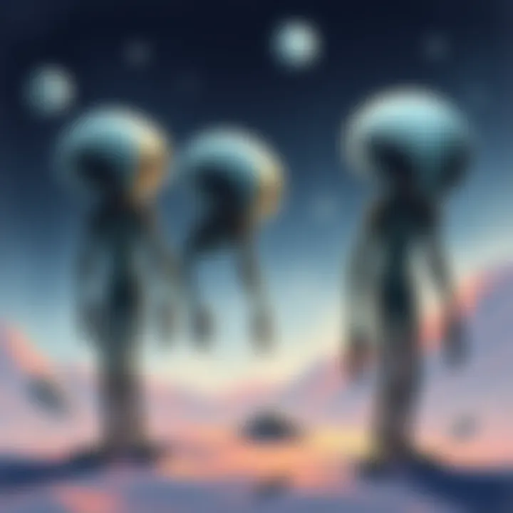 Drawing of Alien Contact Story Illustration of tall, fur-covered aliens with unique appendages from 1980s story