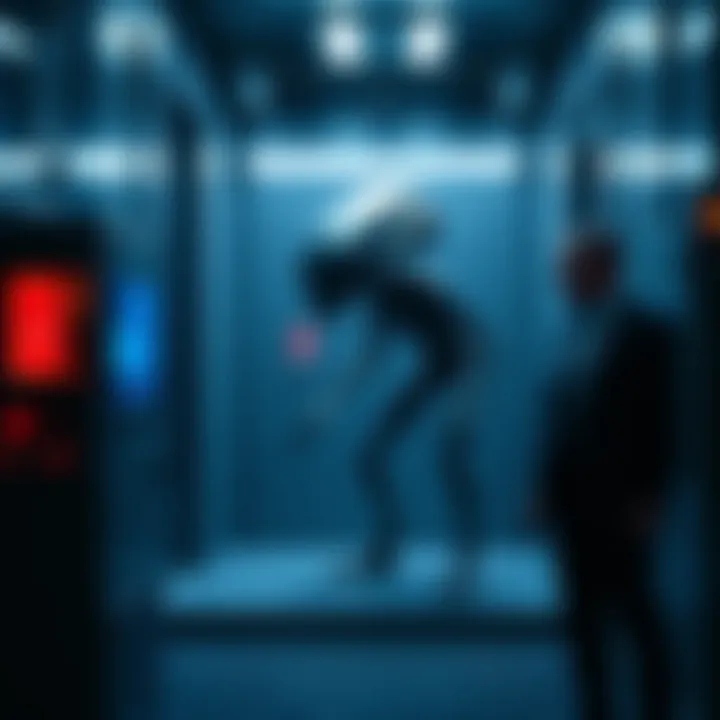 An alien being displayed in a glass containment room with a concerned government official nearby