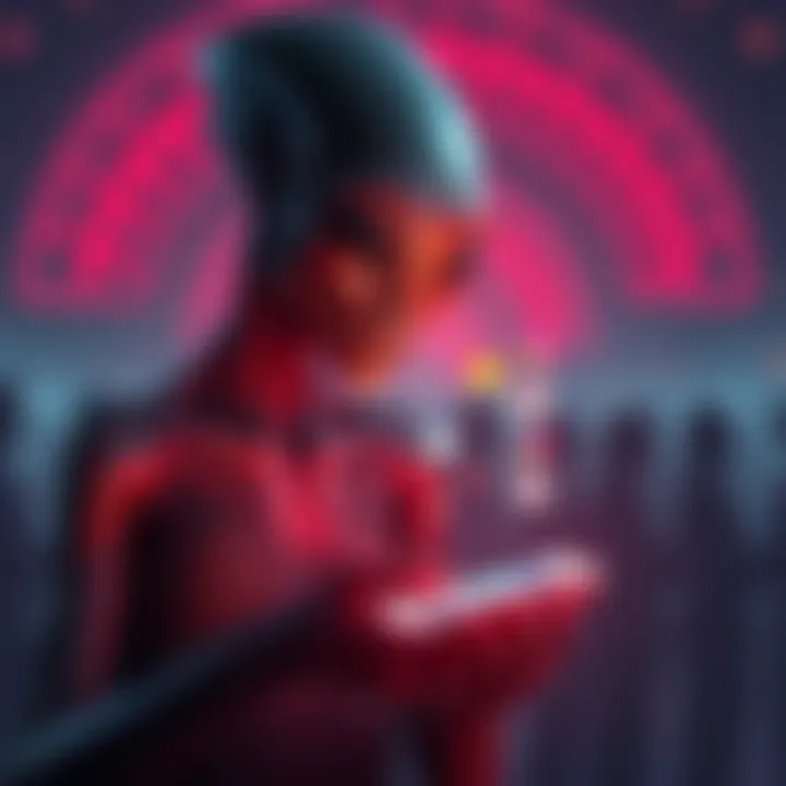 An alien being manipulating a smartphone with social media icons, representing control over Instagram users, with a backdrop of fragmented human silhouettes.
