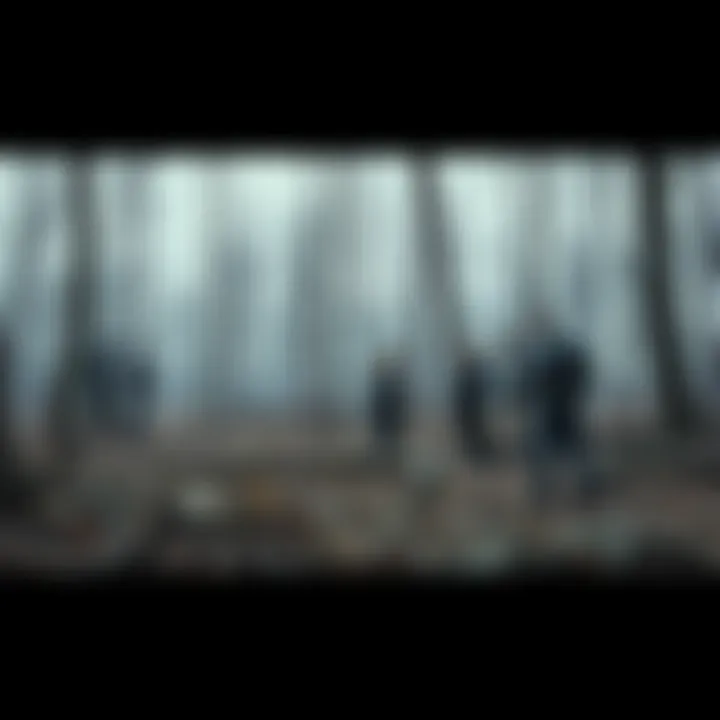 A barren forest area where the alleged alien corpse was found, with a group of people examining the ground and taking notes, showing a sense of investigation and curiosity.