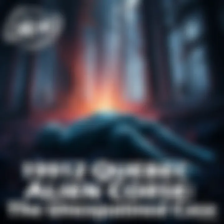 An illustration showing a mysterious alien corpse with curious onlookers in a forested area of Quebec, highlighting the intrigue of the 1992 incident.