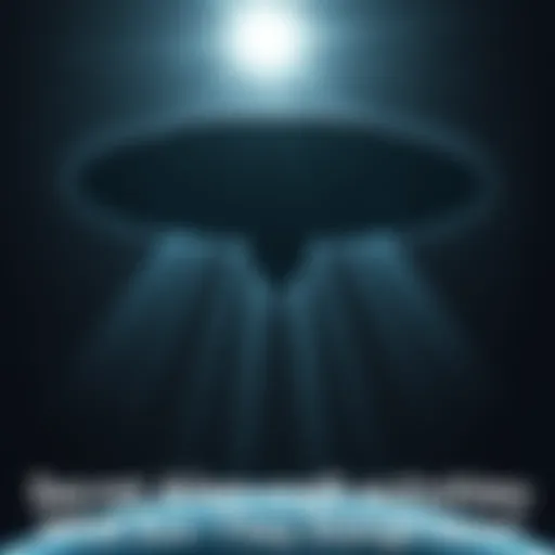 A dark silhouette of an alien craft hovering in a starry night sky, beams of light shining down toward Earth.